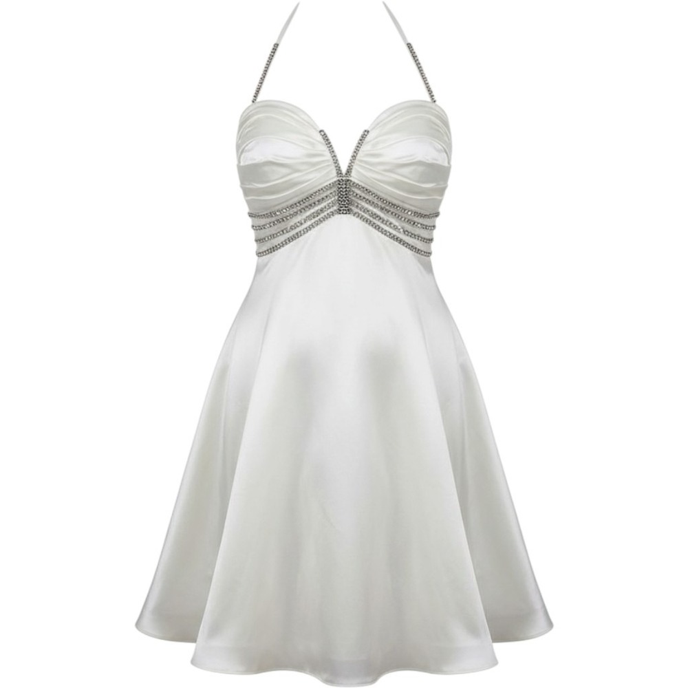 Unbranded Ivory Satin Rhinestone Halter Prom Dress Size M Y2K Formal Gown Slit